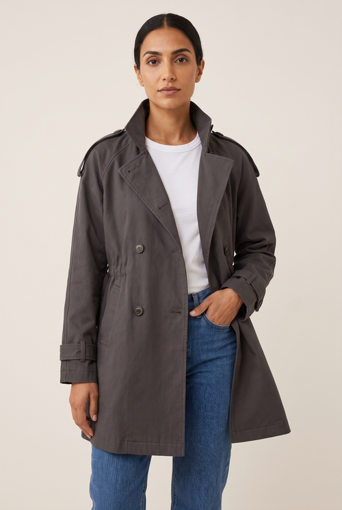 Double-Breasted Lace-Up Trench Coat worn