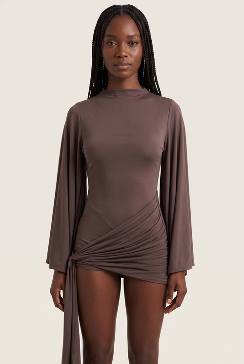 Draped Batwing Sleeve Evening Romper worn