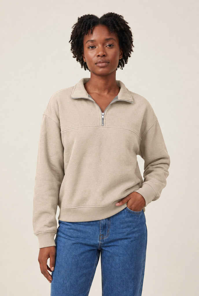 Fleece Lined Half-Zip Pullover in Beige