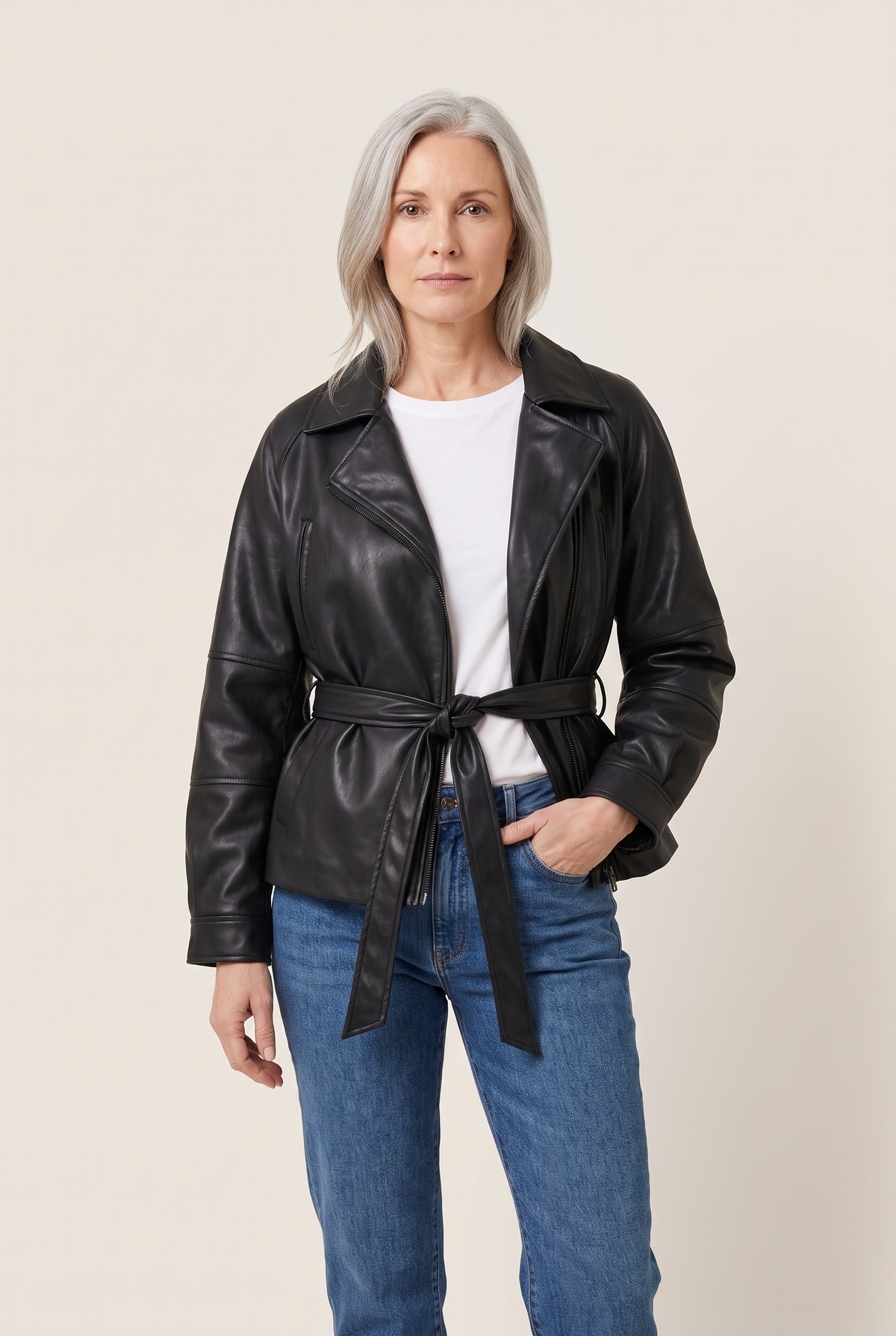 Faux Leather Belted Moto Jacket worn