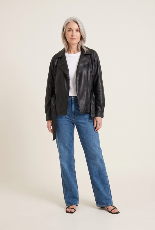 Faux Leather Belted Moto Jacket full look