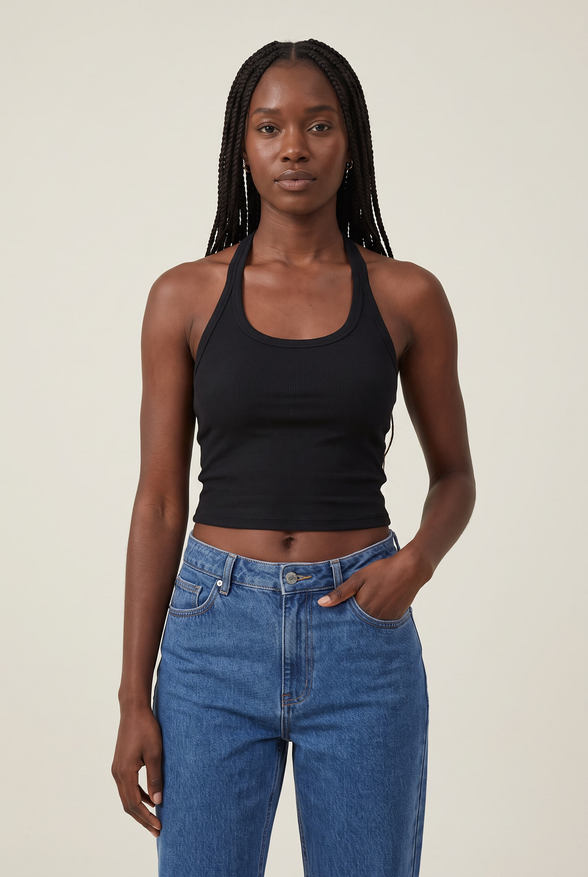 Hollow Back Halter Crop Vest worn