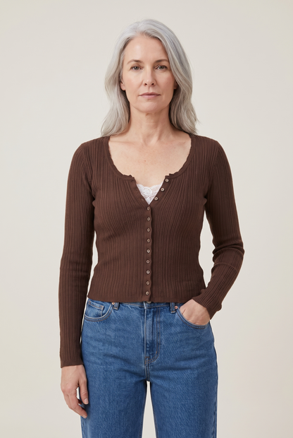 Lace Patchwork Button-Front Knit Top worn