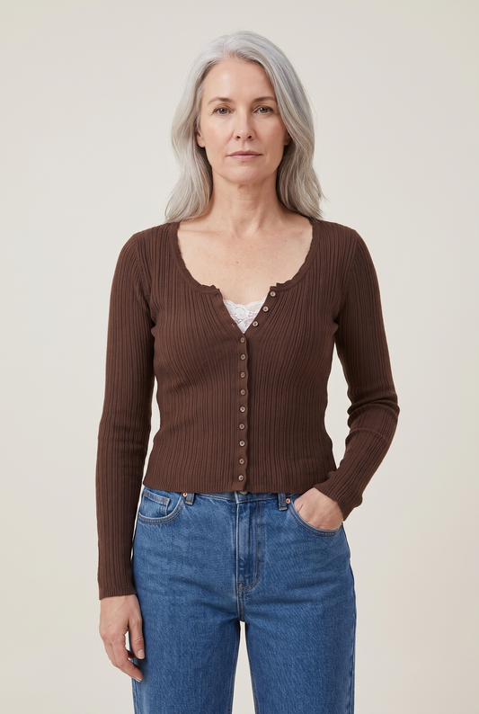 Lace Patchwork Button-Front Knit Top worn