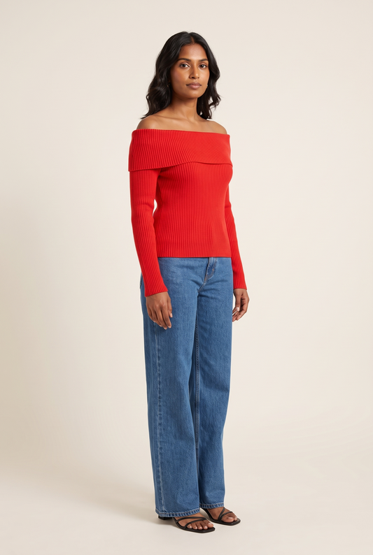 Off-Shoulder Knit Pullover Sweater full look