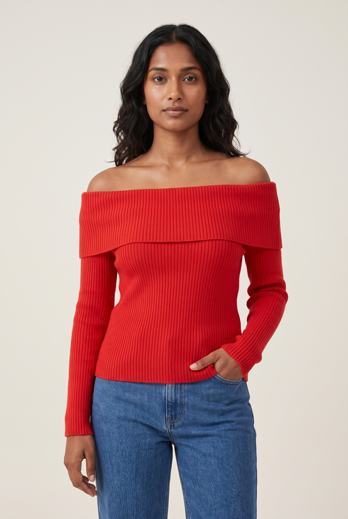 Off-Shoulder Knit Pullover Sweater worn