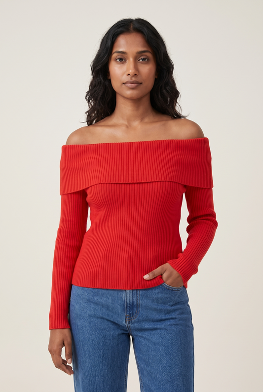 Off-Shoulder Knit Pullover Sweater worn
