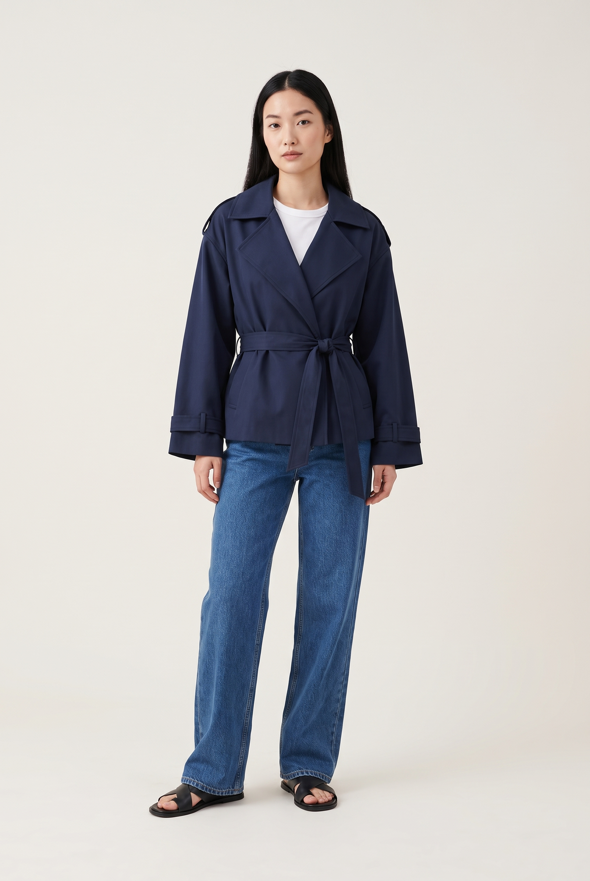 Lapel Belted Trench Jacket full look