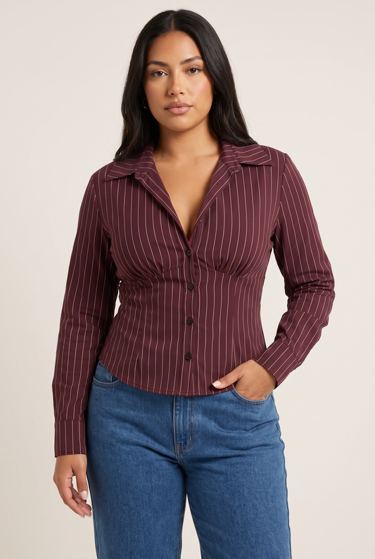 Retro Striped Slim-Fit Blouse worn