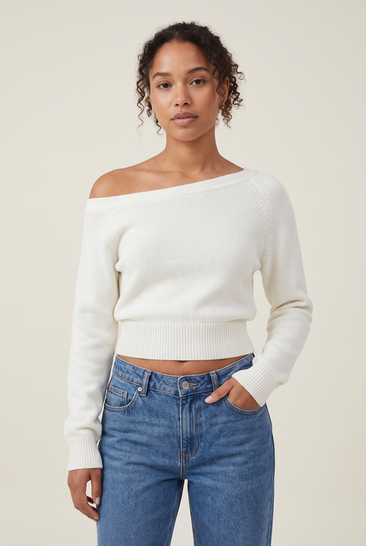 Slash Neck Off-Shoulder Pullover worn