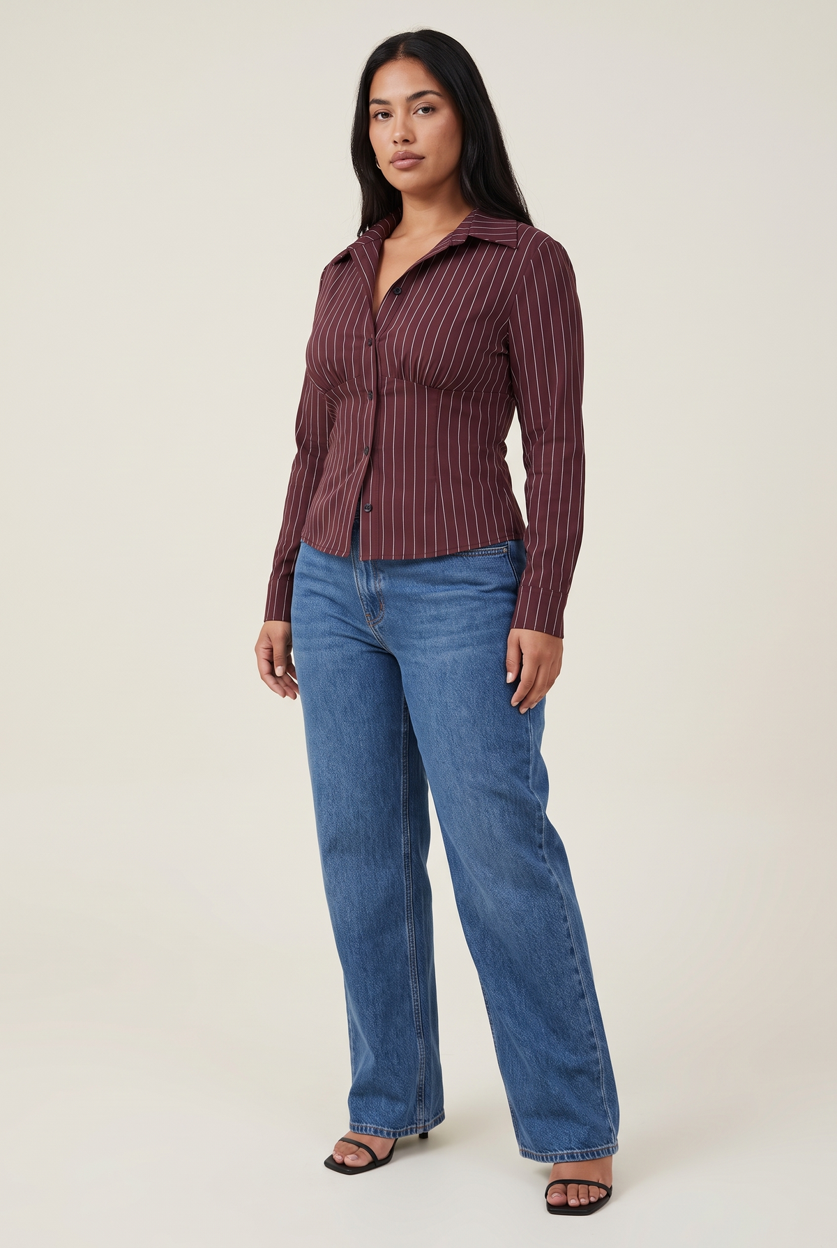 Retro Striped Slim-Fit Blouse full look