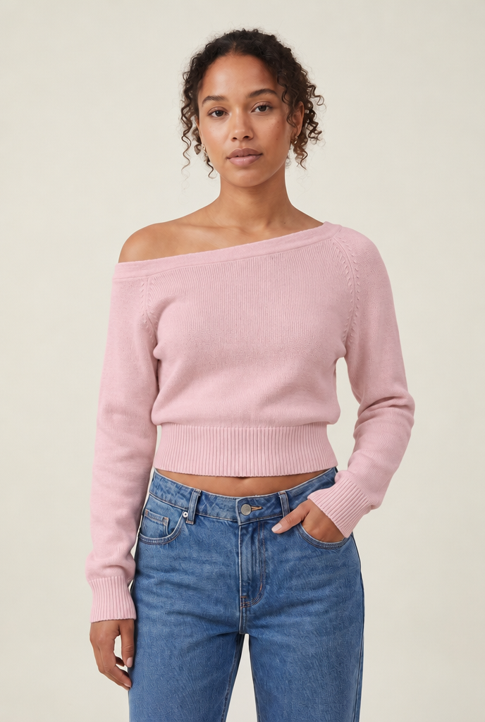 Slash Neck Off-Shoulder Pullover in Pink