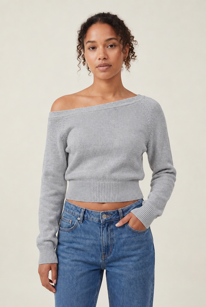 Slash Neck Off-Shoulder Pullover in Gray