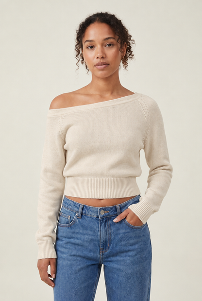 Slash Neck Off-Shoulder Pullover in Beige