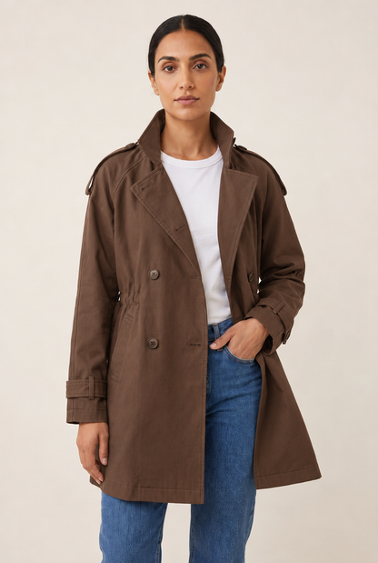 Double-Breasted Lace-Up Trench Coat in Brown