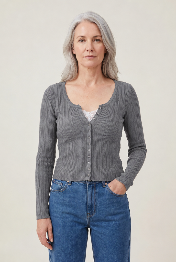 Lace Patchwork Button-Front Knit Top in Gray