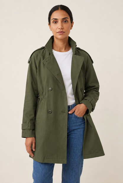 Double-Breasted Lace-Up Trench Coat in Green
