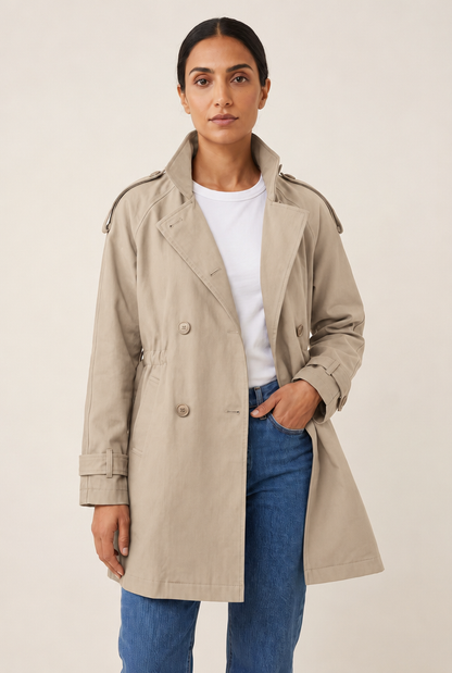 Double-Breasted Lace-Up Trench Coat in Sand