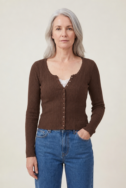 Lace Patchwork Button-Front Knit Top in Brown