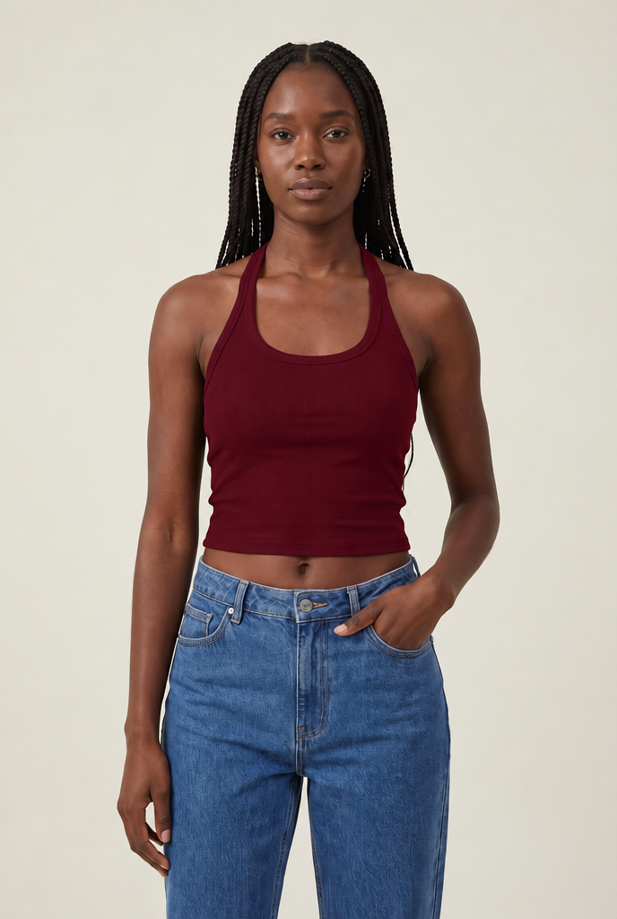 Hollow Back Halter Crop Vest in Claret