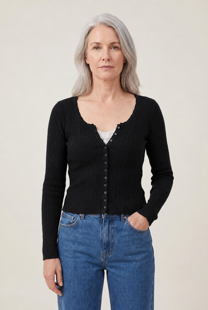 Lace Patchwork Button-Front Knit Top in Black