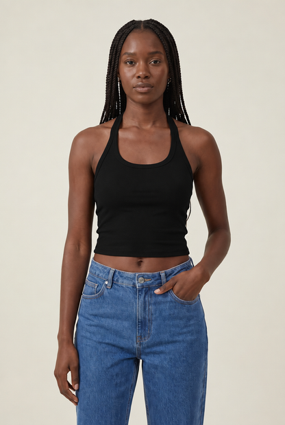 Hollow Back Halter Crop Vest in Black