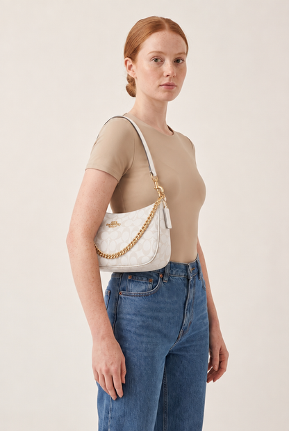 Geometric Print Chain Underarm Bag in White