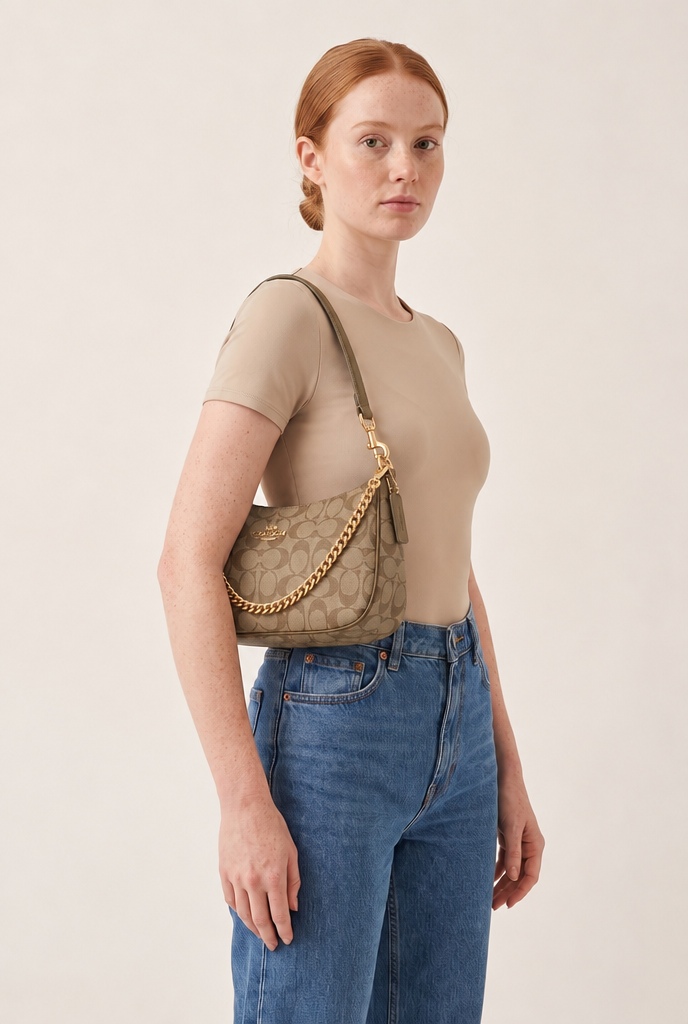 Geometric Print Chain Underarm Bag in Khaki