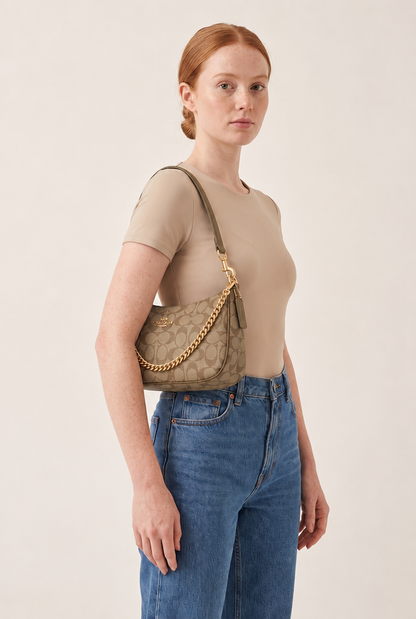 Geometric Print Chain Underarm Bag in Khaki