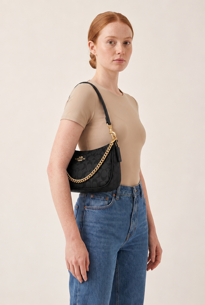Geometric Print Chain Underarm Bag in Black