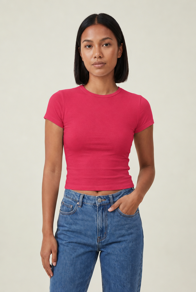Slim Fit O-Neck Knitted Tee in Rose Red