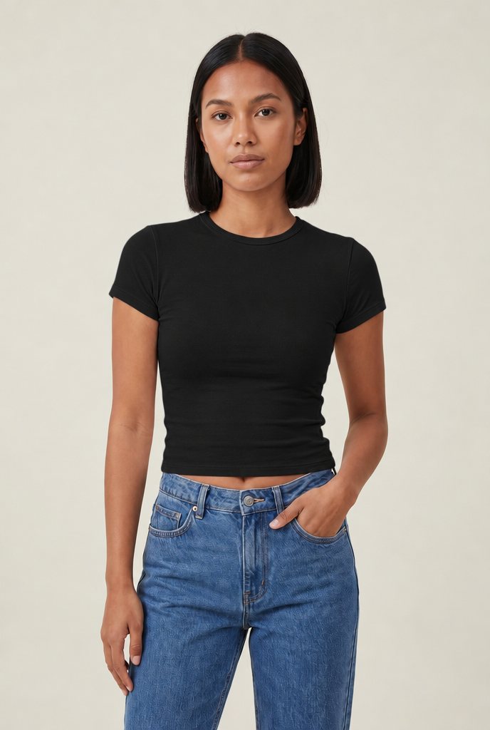 Slim Fit O-Neck Knitted Tee in Black