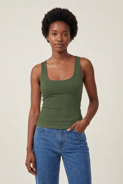 Stretch Halter Tank Top in Army Green