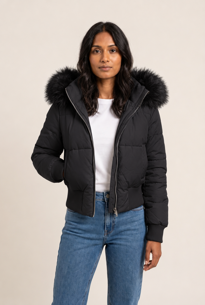 Fur Collar Hooded Puffer Parka in Black