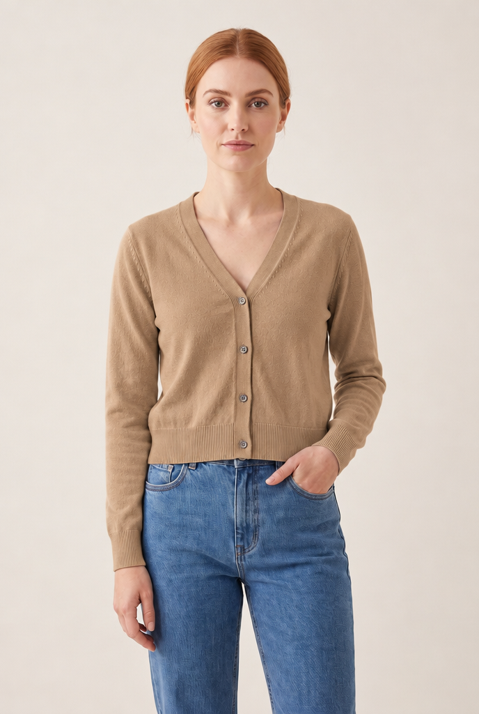 Cotton V-Neck Cropped Cardigan in Camel
