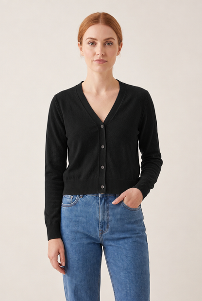 Cotton V-Neck Cropped Cardigan in Black