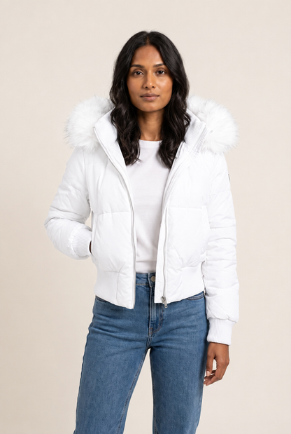 Fur Collar Hooded Puffer Parka in White