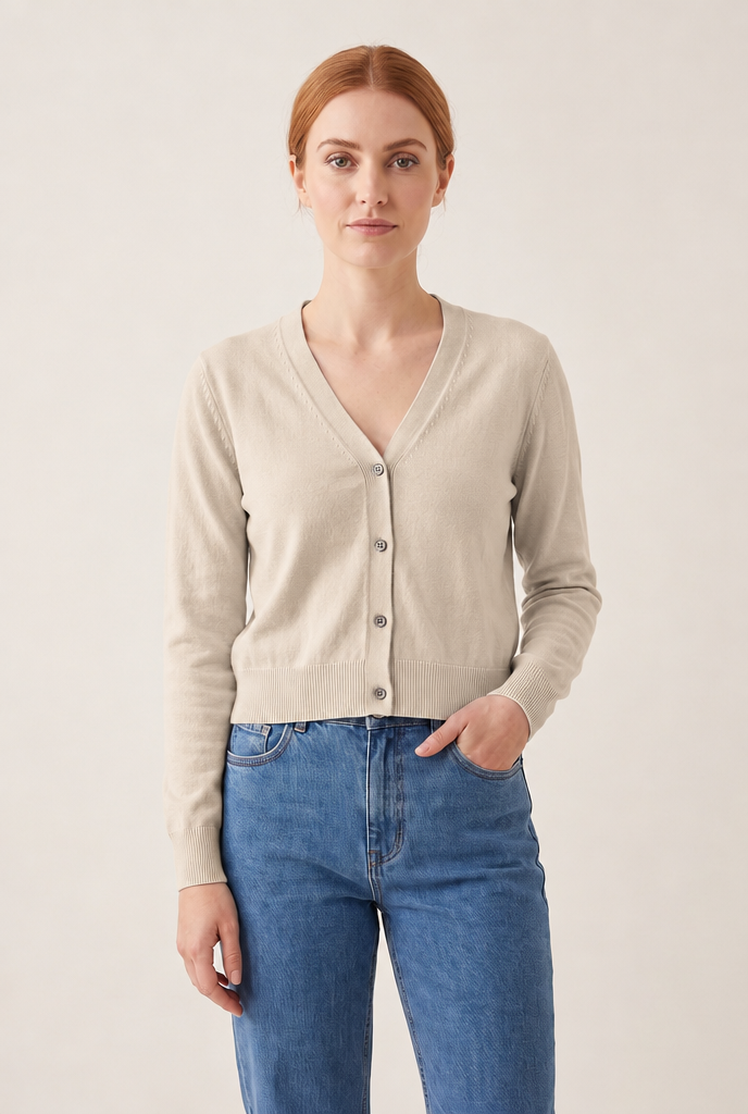 Cotton V-Neck Cropped Cardigan in Beige