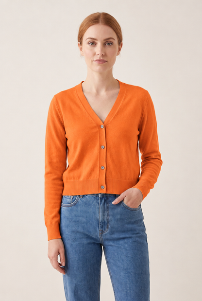 Cotton V-Neck Cropped Cardigan in Orange