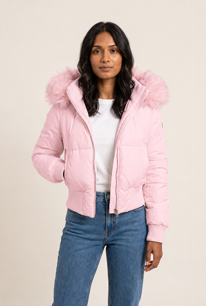 Fur Collar Hooded Puffer Parka in Pink