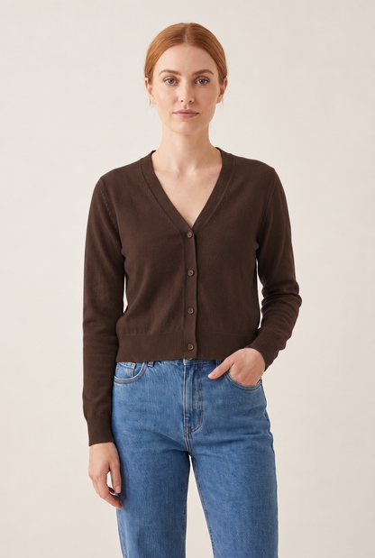 Cotton V-Neck Cropped Cardigan in Coffee