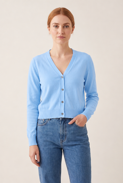 Cotton V-Neck Cropped Cardigan in Sky Blue