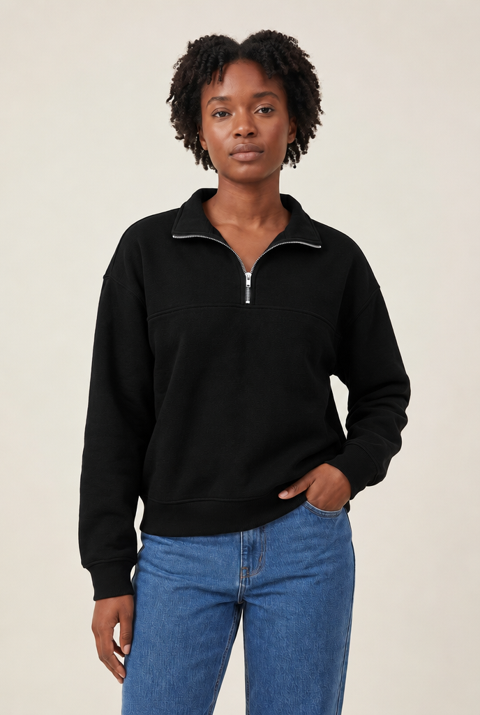 Fleece Lined Half-Zip Pullover in Black