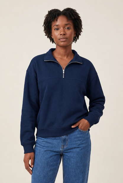 Fleece Lined Half-Zip Pullover in Navy Blue