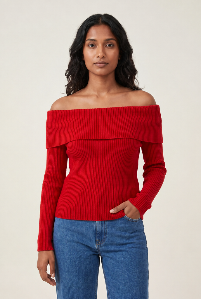 Off-Shoulder Knit Pullover Sweater in Red