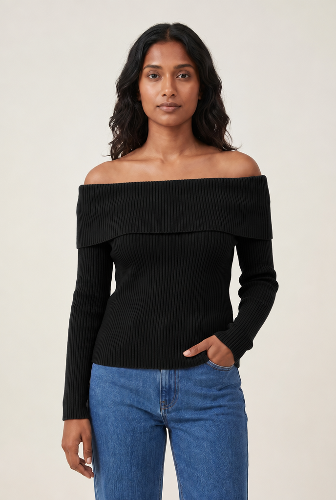 Off-Shoulder Knit Pullover Sweater in Black