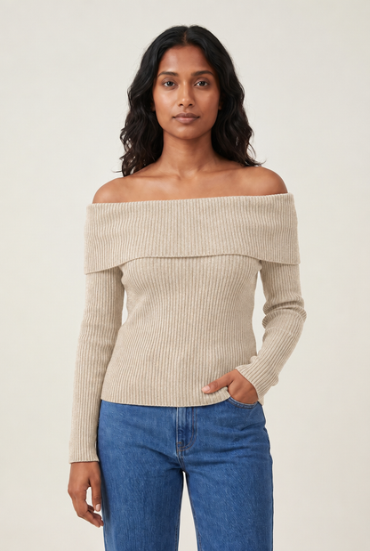 Off-Shoulder Knit Pullover Sweater in Beige