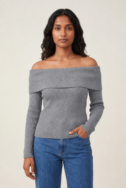 Off-Shoulder Knit Pullover Sweater in Grey
