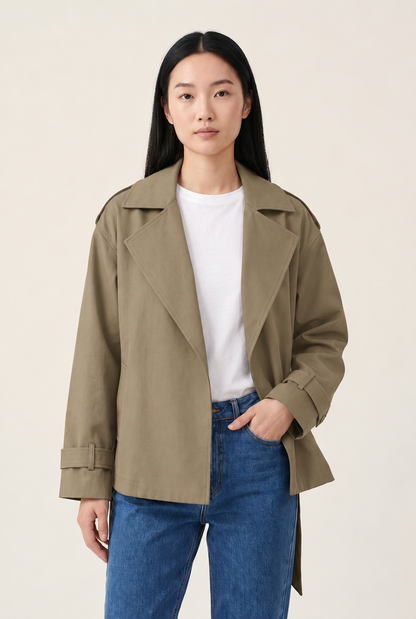 Lapel Belted Trench Jacket in Khaki