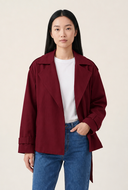 Lapel Belted Trench Jacket in Wine Red